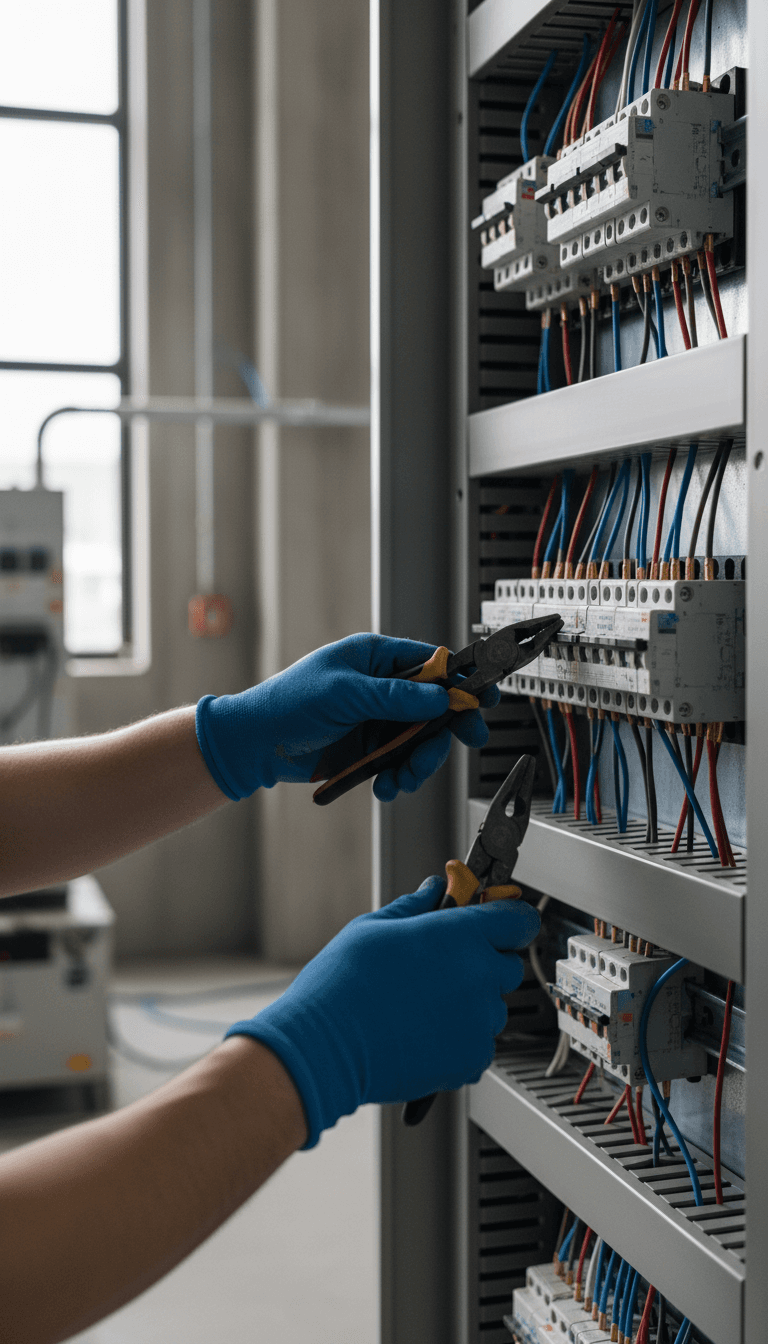Electrician wiring a distribution panel