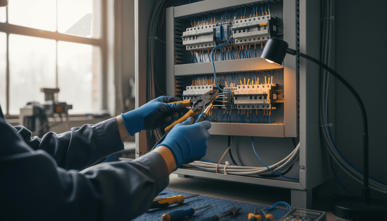 Technician's hands working on an electrical panel with organized wiring and tools