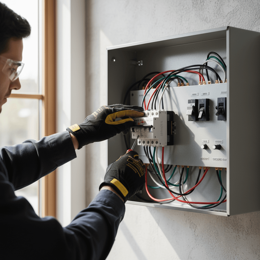 Professional electrician at work on electrical panel
