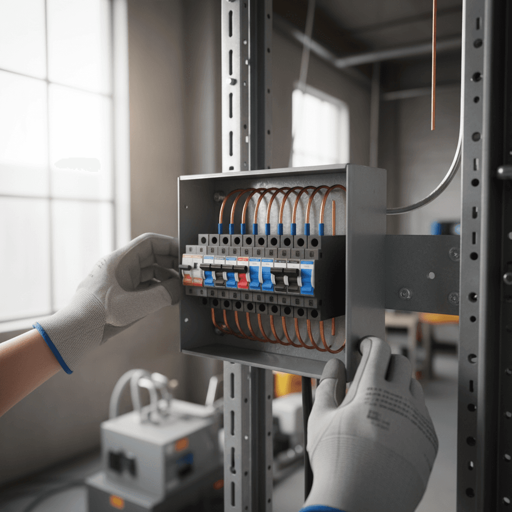 Electrician's hands installing circuit breaker panel with precision and safety equipment in industrial setting