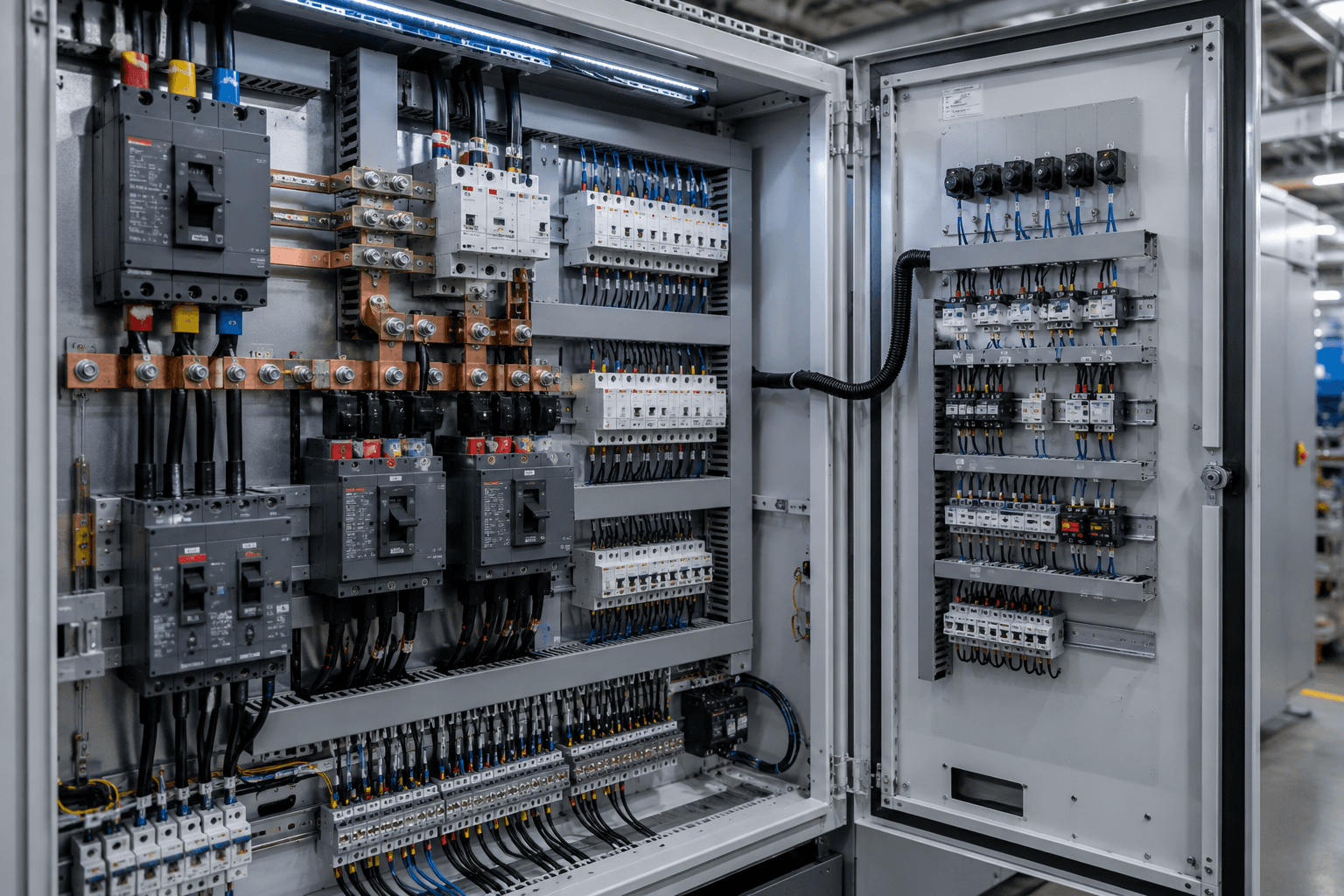 Open industrial electrical panel featuring organized circuit breakers, complex wiring, and copper busbars.