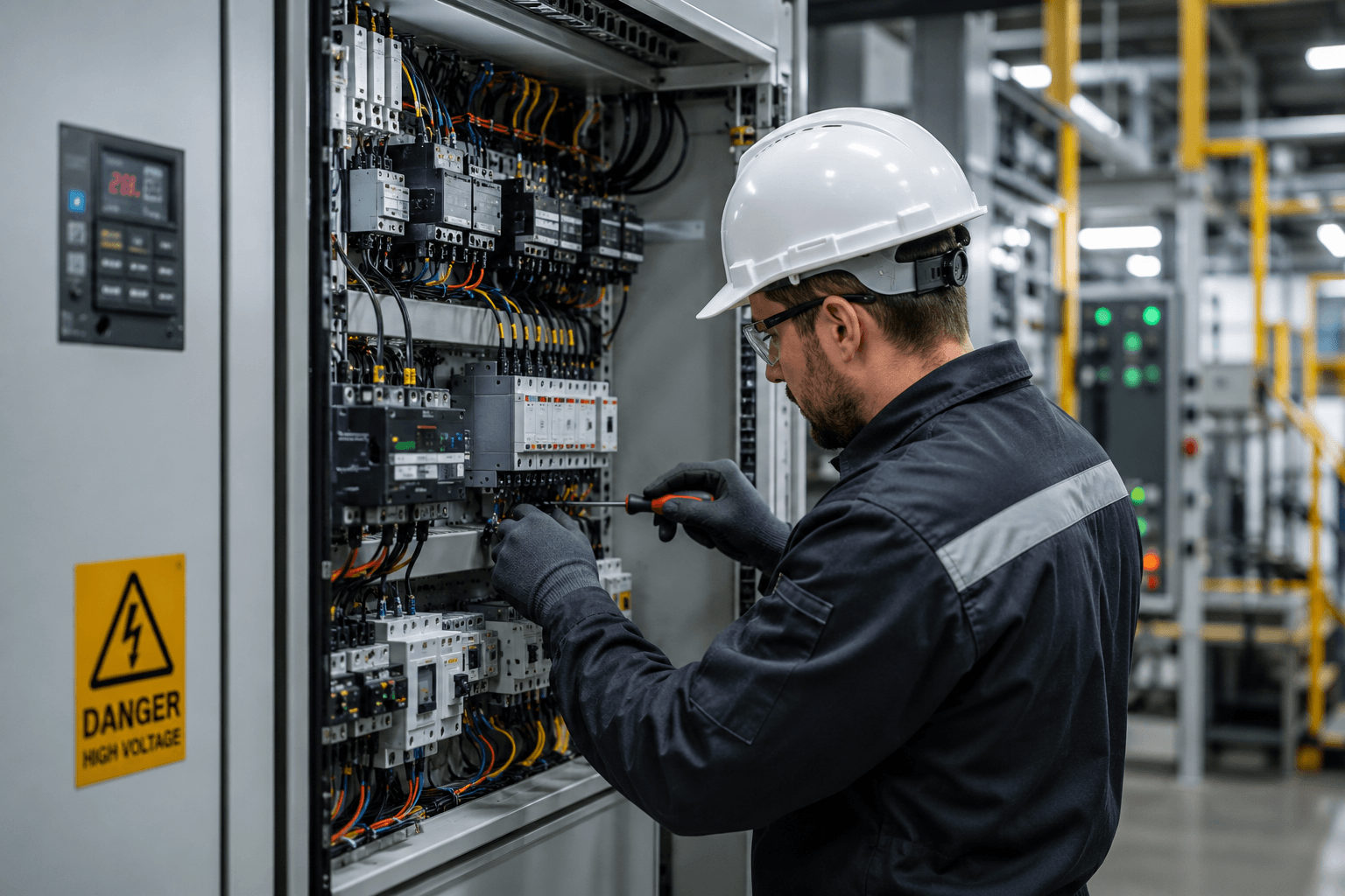 Electrician in safety gear repairs complex wiring inside an industrial electrical control panel.