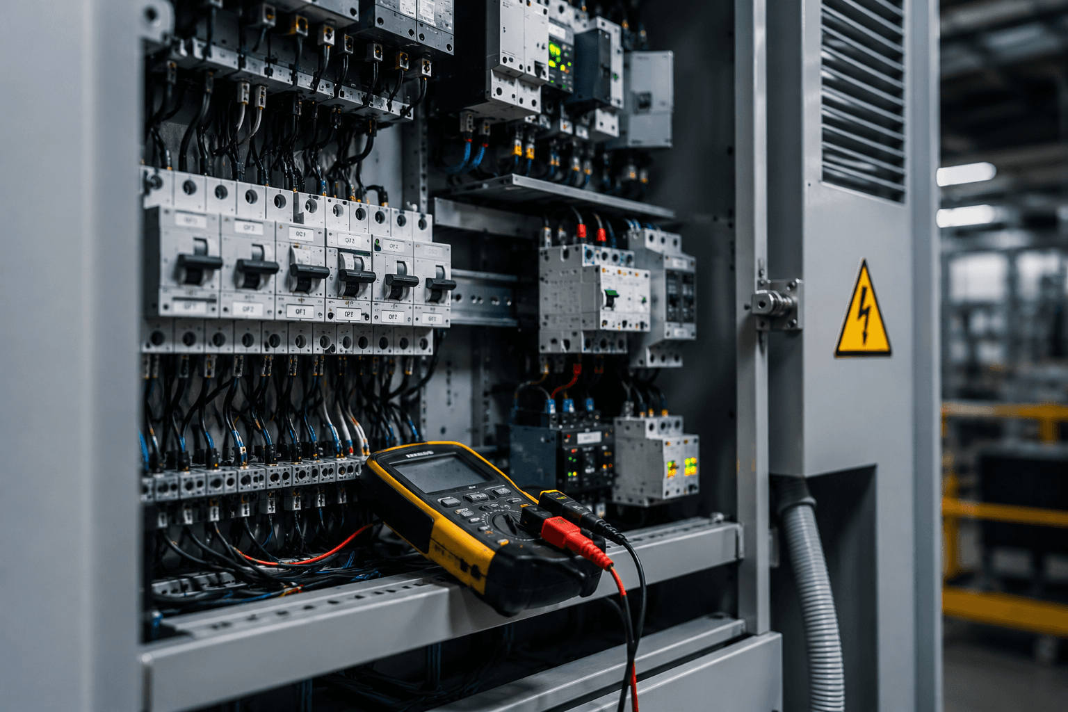 Open industrial electrical control panel with circuit breakers, wiring, and a yellow digital multimeter.