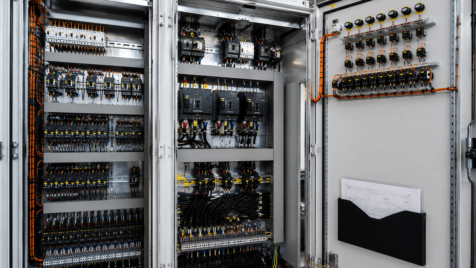 Industrial electrical control panel featuring organized rows of circuit breakers, switches, and complex wiring.