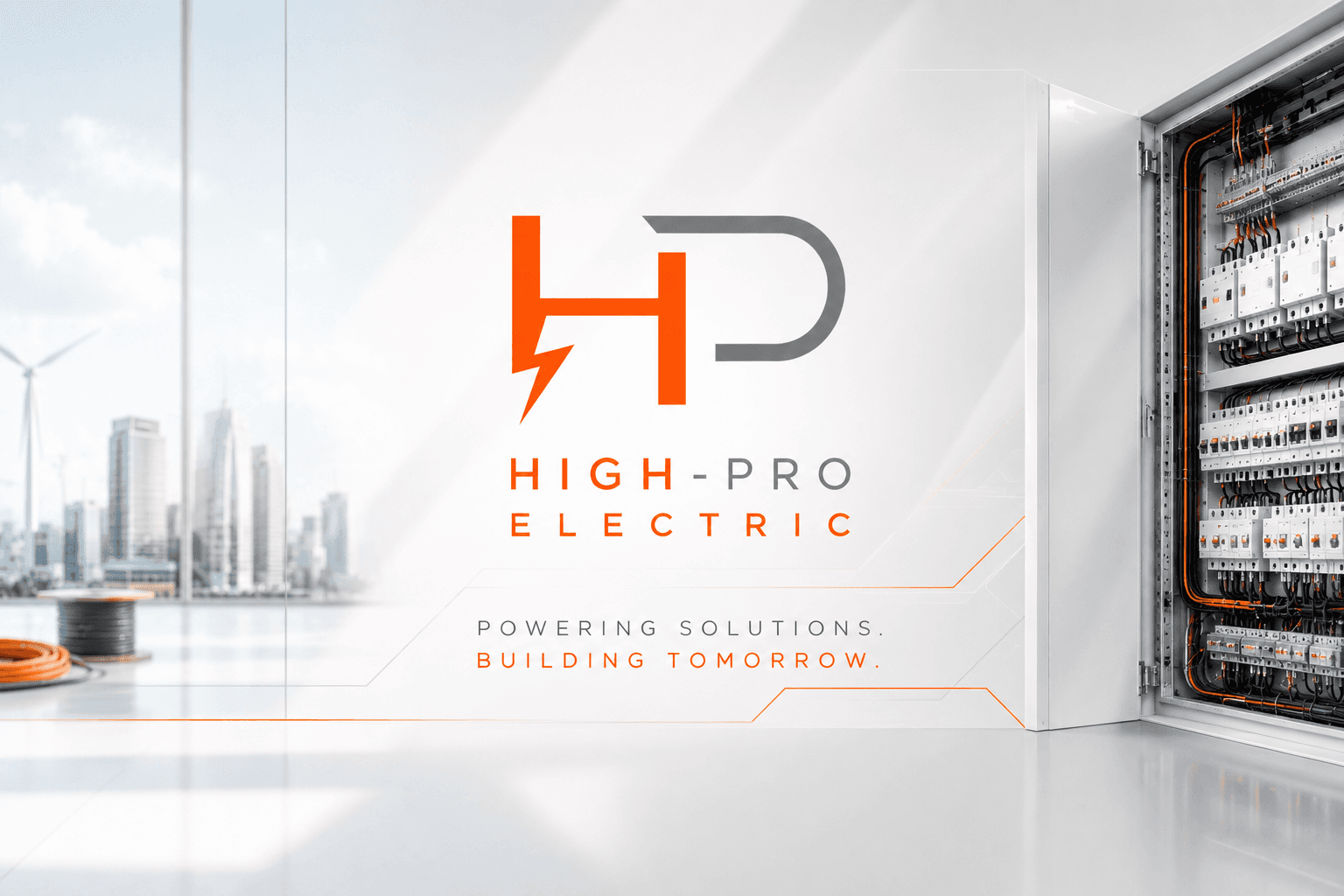 High-Pro Electric logo on a wall beside an open electrical panel and city skyline.