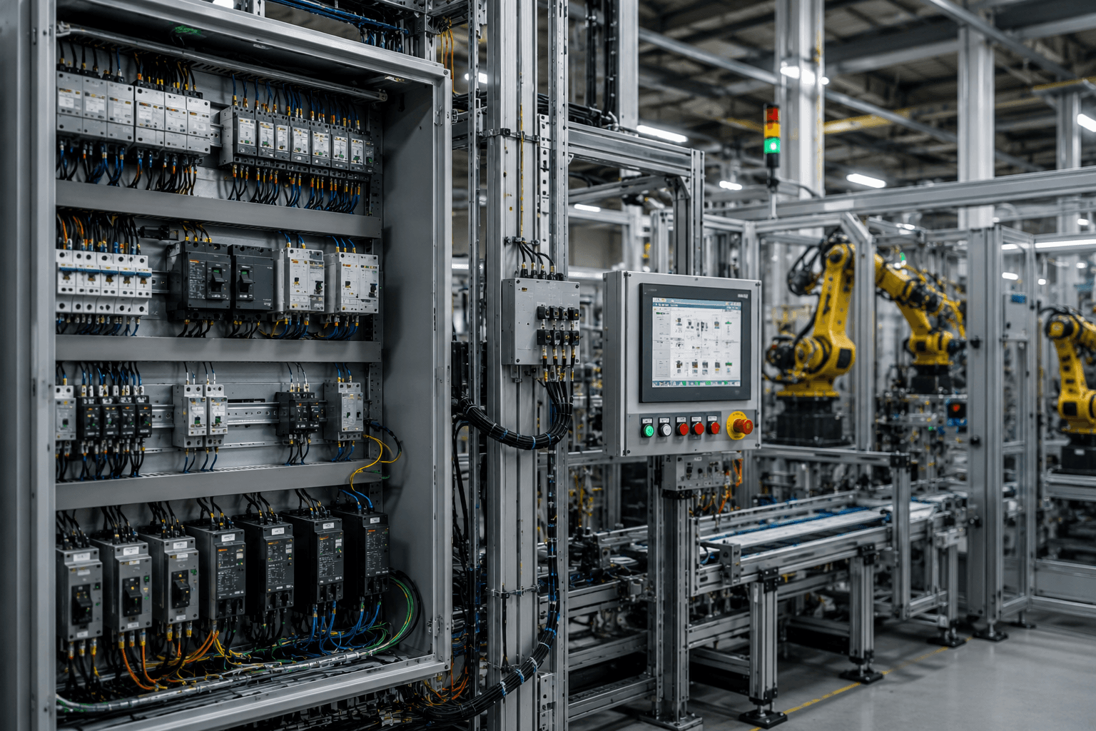 Electrical control panel and monitor interface beside yellow robotic arms on an automated factory floor.