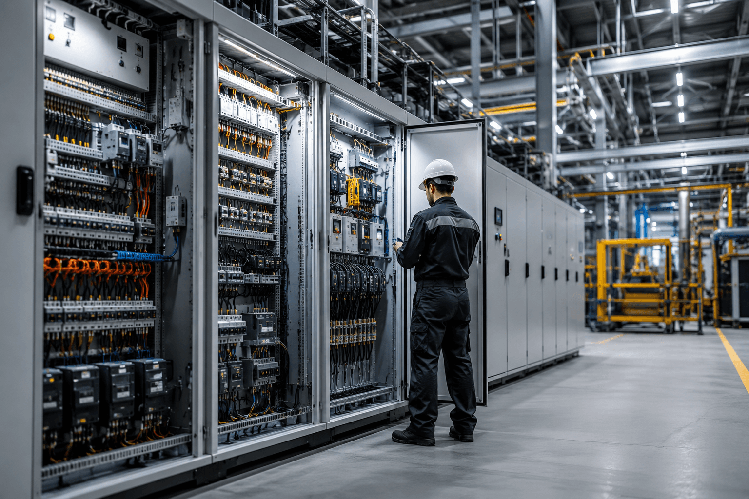 Technician in a hard hat inspecting complex electrical control panels in a modern industrial plant.
